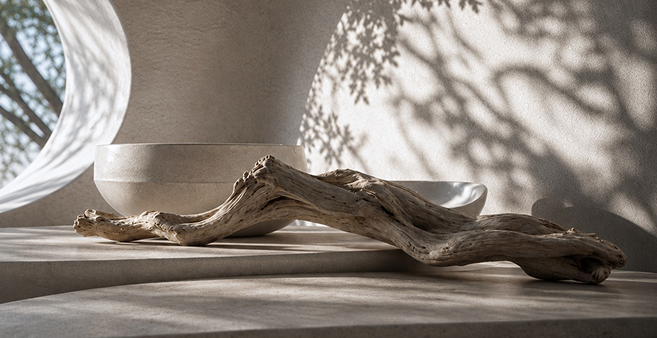 Stone bowl and driftwood resting in dappled sunlight